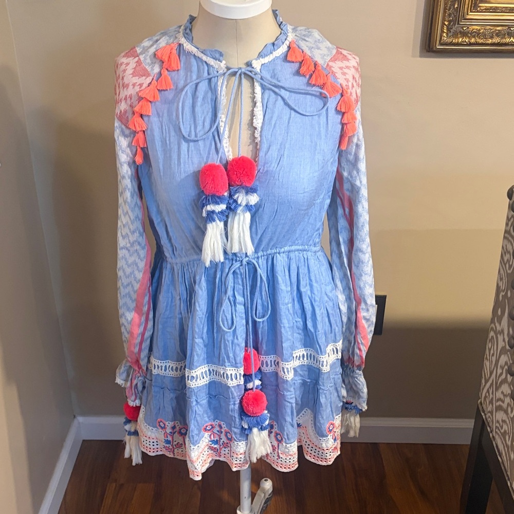 Hemant & Nandita Blue & Pink Tassel Trim Tiered Dress